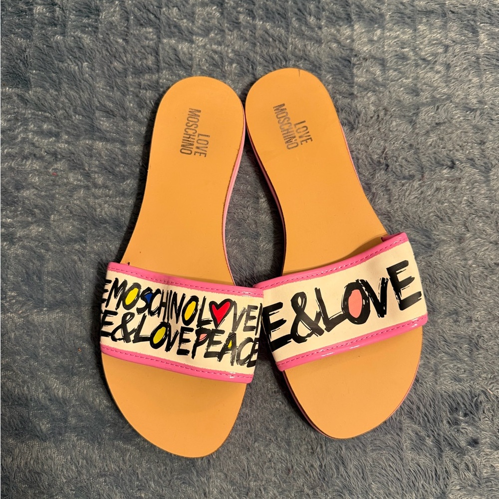 Love Moschino Pink and White Slide Sandals